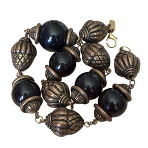 Vtg Donald Stannard Statement Necklace – Black Lucite & Bronze Acorn